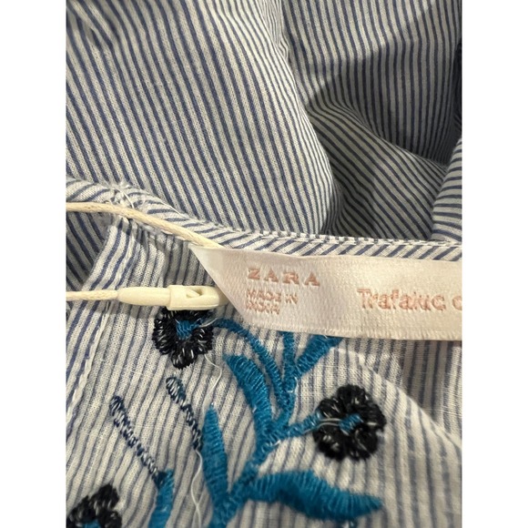 Zara Kaftan Top Womens M Stripe‎ Cotton Boho Gypsy Tassel Embroidered Blue NWT - Picture 8 of 16